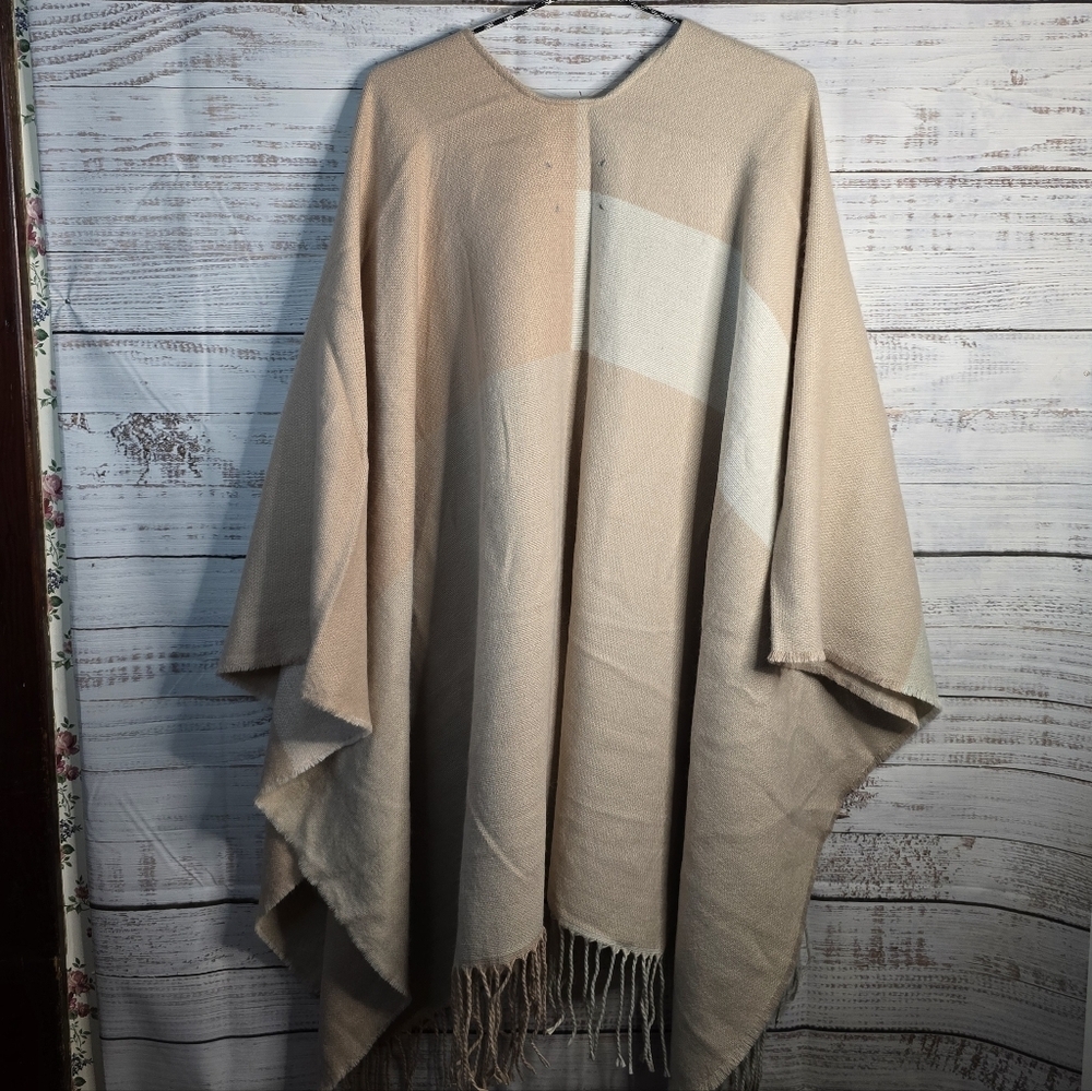 SOIA & KYO Scarfigan Cardigan Sweater Womens One Size OS Pink Beige Plaid Fringe - Picture 4 of 10